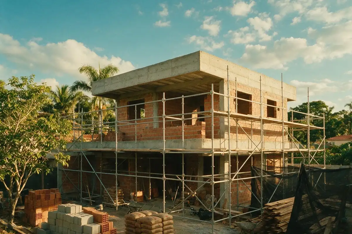 Casa residencial em construção, com laje, alvenaria e andaime organizados
